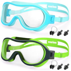 COOLOO Swimming Goggles for Kids 6-16, 2 Pack Kids Swim Goggles for Children Teens Anti-Fog Anti-UV Clear Wide View (A. Light Blue+black Green)