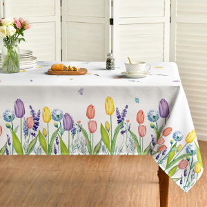Horaldaily Spring Summer Tablecloth 60x60 Inch, Easter Watercolor Wild Flowers Tulip Lavender Blooming Floral Table Cover for Party Picnic Dinner Decor