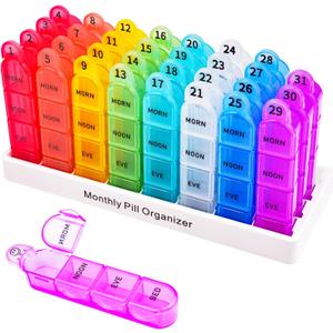 Cruxer Monthly Pill Box Organiser 4 Times a Day, Daily Travel Pill Boxes, Medicine Storage Box, Pill Dispenser 1 Month 32 Compartments, Tablet Organiser to Hold Vitamins, Fish Oil, Supplements