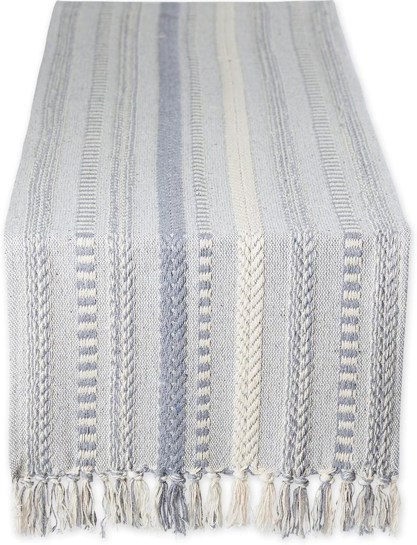 DII Farmhouse Braided Stripe Table Runner Collection, 15x108 (15x113, Fringe Included), Cool Gray