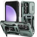 Pack of 5, WRJ for Samsung Galaxy S25/Galaxy S24 Case with Slide Camera Cover and Screen Protector, Military Grade Protection [Rotated Ring Kickstand] Heavy Duty Shockproof Protective Cover-Green