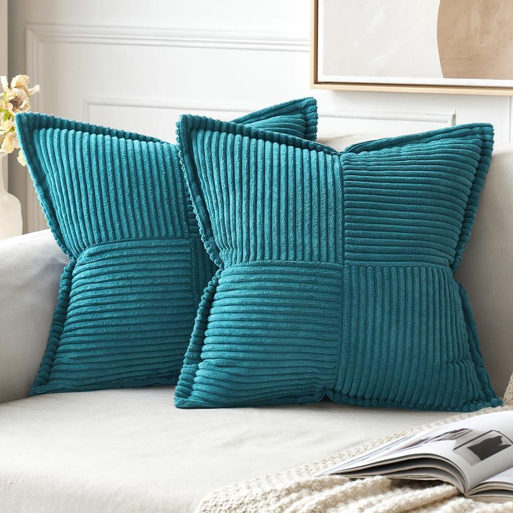 MIULEE Teal Blue Corduroy Pillow Covers 18x18 Inch with Splicing Set of 2 Super Soft Boho Striped Pillow Covers Broadside Decorative Spring Textured Throw Pillows for Couch Cushion Bed Livingroom