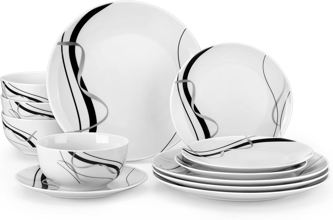 VEWEET Porcelain Dinnerware Sets for 4, 12 Pieces Plates and Bowls Set with Black and Grey Ribbon Lines, Dishes Set Dining Ware for Dinner, Microwave and Dishwasher Safe, Series FIONA