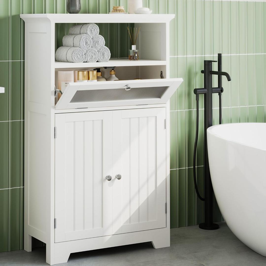 ChooChoo Bathroom Floor Storage Cabinet with Flip Glass Drawer, Freestanding with 2 Doors, Adjustable Shelf & Open Storage for Living Room, Hallway, White, Small