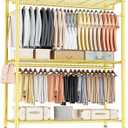 Homdox Gold Heavy Duty Clothes Rack with Wheels, 3-Tier Rolling Metal Garment Organizer with Double Hanging Rods & Hooks, Freestanding Portable Closet, 17.72" D x 47.24" W x 80.71" H