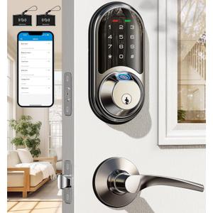 Veise RZ07B Smart Locks for Front Door, 2 Lever Handles, Fingerprint Keyless Entry, App Control Biometric Door Lock Set, Touchscreen Keypad Deadbolt, Easy Install, Auto Locking, Satin Nickel