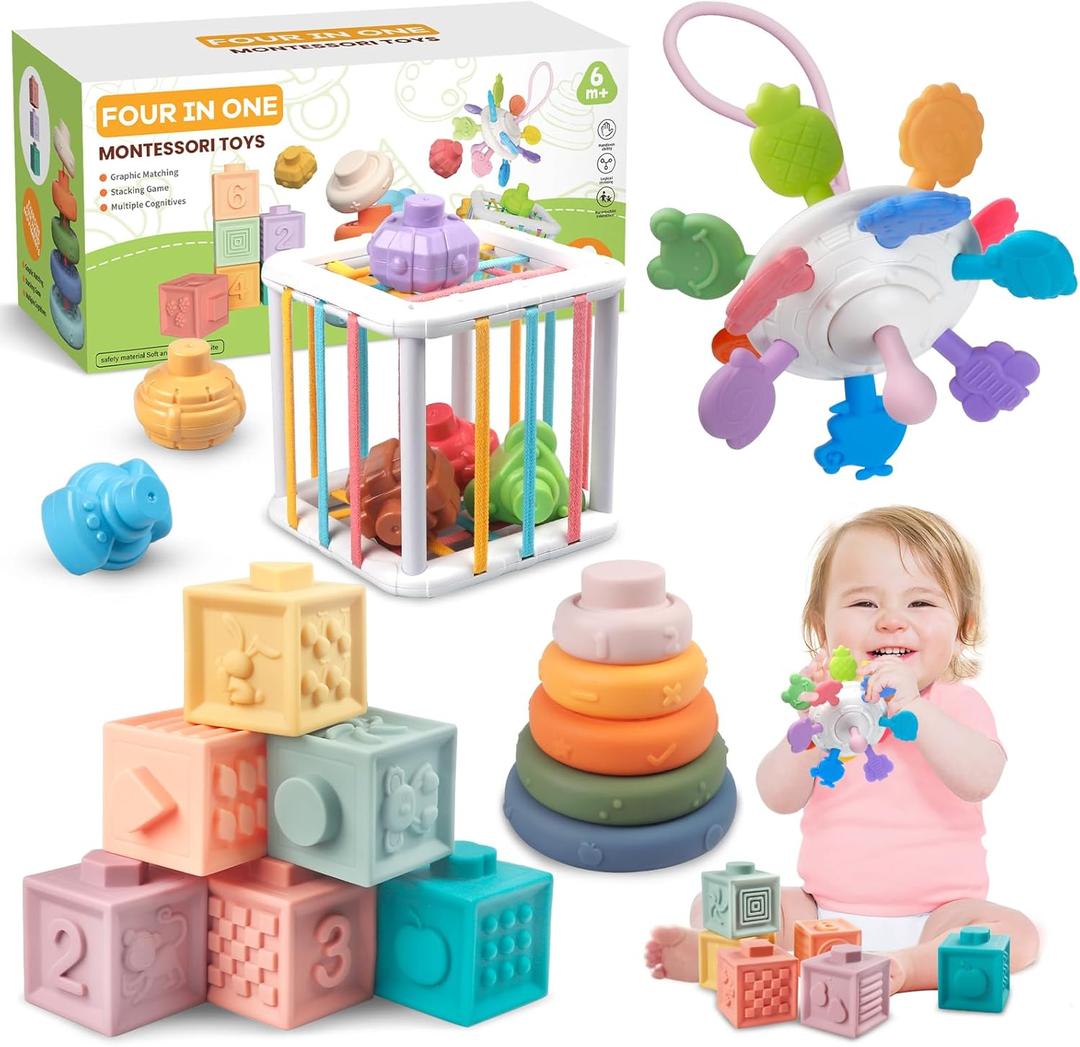 4-in-1 Baby Toys Montessori Soft Stacking Blocks for Babies, Infants Teething Toys, Sensory Balls and Educational Learning Set for Toddlers (Boys & Girls)