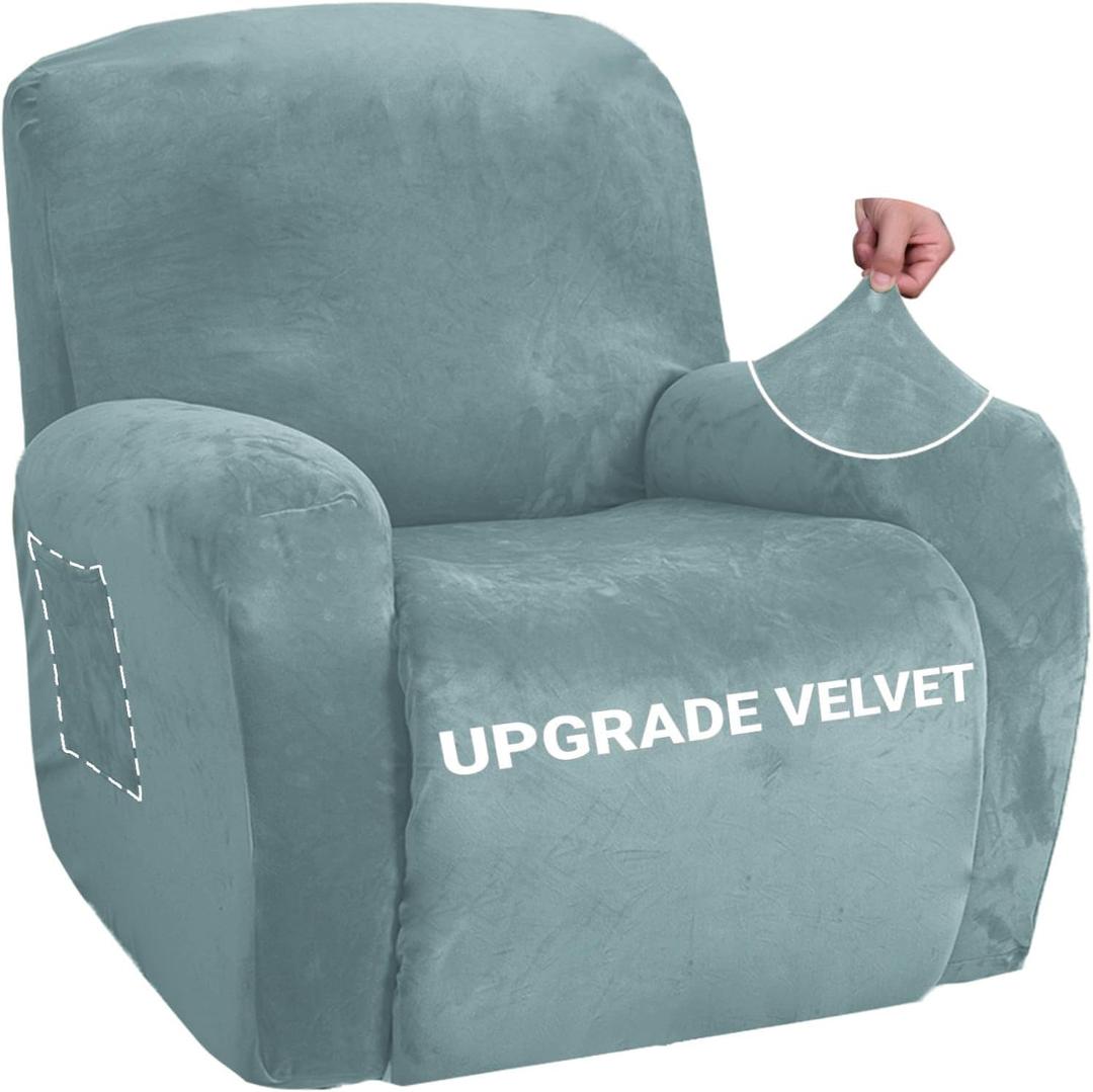ZNSAYOTX Stretch Velvet Recliner Cover 4-Pieces, Thick Soft Recliner Chair Slipcover with Pocket, Non-Slip Elastic Bottom for Kids Pets, Luxury Plush Reclining Protector Comfy Washable (Stone Blue) (Large)