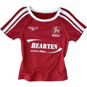 Girl's Graphic Tees Striped Short Sleeve Cropped Tshirts Crew Neck Summer Tops Streetwear (Burgundy)