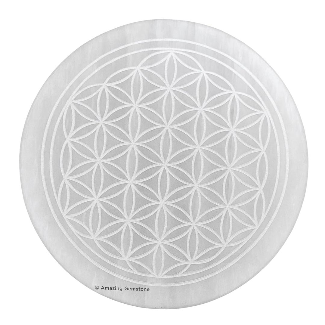 Amazing Gemstone Selenite Crystal Charging Plate for Crystals and Healing Stones, 4" Selenite Crystal Plate Engraved Flower of Life Coaster for Home, Office Table Decor (Selenite Round Disc)