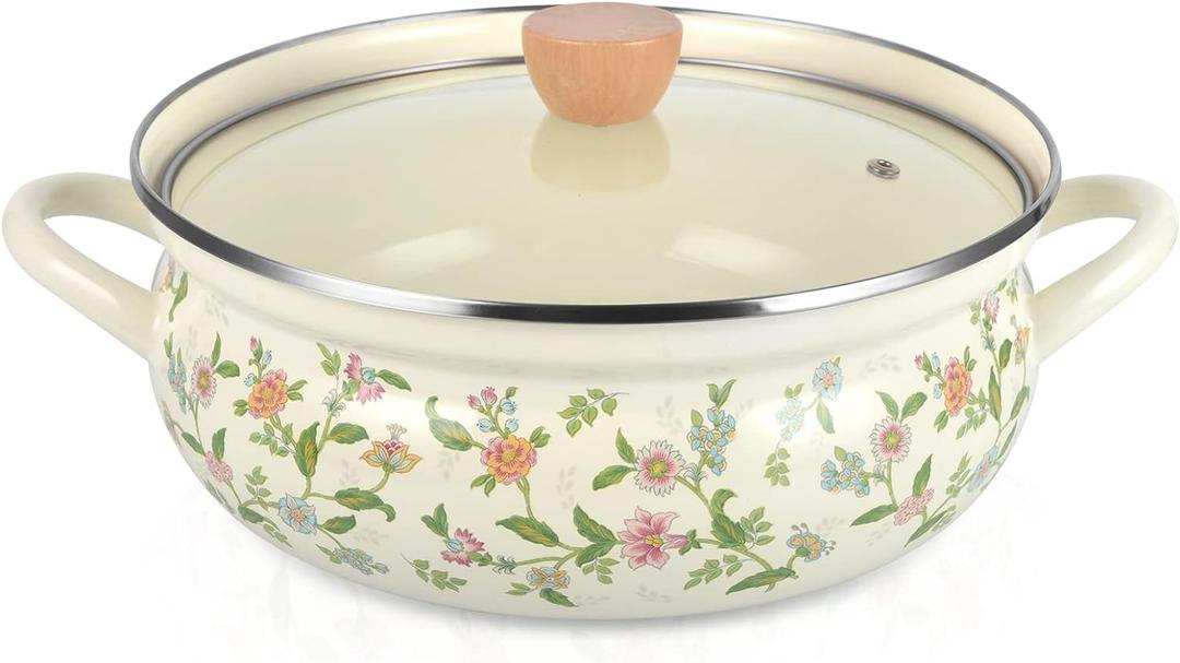 Enamel Stock Pot with Lid, Floral Retro Cooking Pot for Stove Non Stick Soup Pot, Induction Pasta Pot, All Stove Compatible (Style 1)