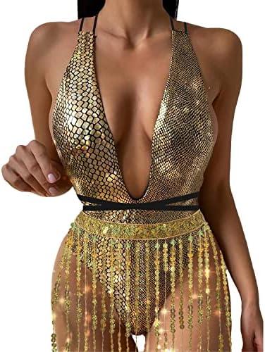 Yunison Halter Metallic Snakeskin Swimsuit Deep V One Piece Bathing Suit with High Leg Set for Women Rave Outfit Large