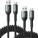 USB C Cable Coiled 3FT 2Pack, Braided USB A to Type C Charger Cable for Car 66W Fast Charging Cord Compatible with iPhone 16 15, iPad, Samsung Galaxy, Google Pixel, Moto, TCL, LG Phones (Black)