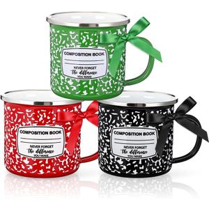 Potchen 3 Pcs Teacher Appreciation Gifts 12oz Composition Book Motivational Enamel Mugs Camping Metal Cup with Handle Thank You End of Year Graduation Gift for Teacher Office (Black,Red,Green)