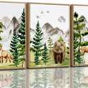 CHDITB Watercolor Forest Animal Nursery Wall Art, Framed Canvas Mountain Wall Decor, Nature Woodland Landscape Wall Painting, Fox Bear Deer Art Prints for Baby Bedroom, Living Room - 16"x24"x3