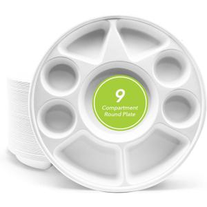three leaf Bagasse Plates & Trays Heavy-Duty, Super Strong, Natural, Eco-Friendly, 100% Biodegradable - Round Plate - 9 Compartment - 200 CT