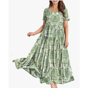 YESNO Women Casual Loose Bohemian Floral Dress with Pockets Short Sleeve Long Maxi Summer Beach Swing Dress EJF Large