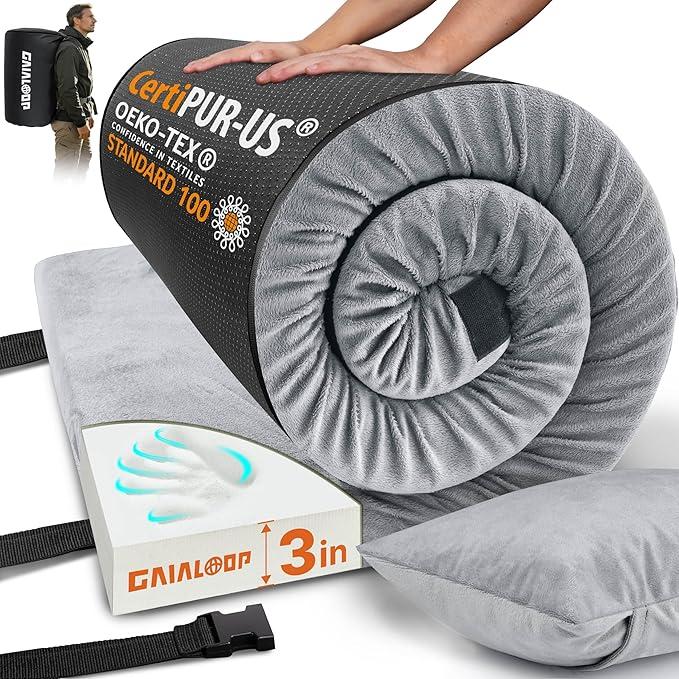 Memory Foam Camping Mattress, 3 Inch Portable Floor Mattress for Sleeping, Non-Slip Bottom, Washable Cover, Camping Sleeping Pad for Adults, Cot, Car & Guest Bed