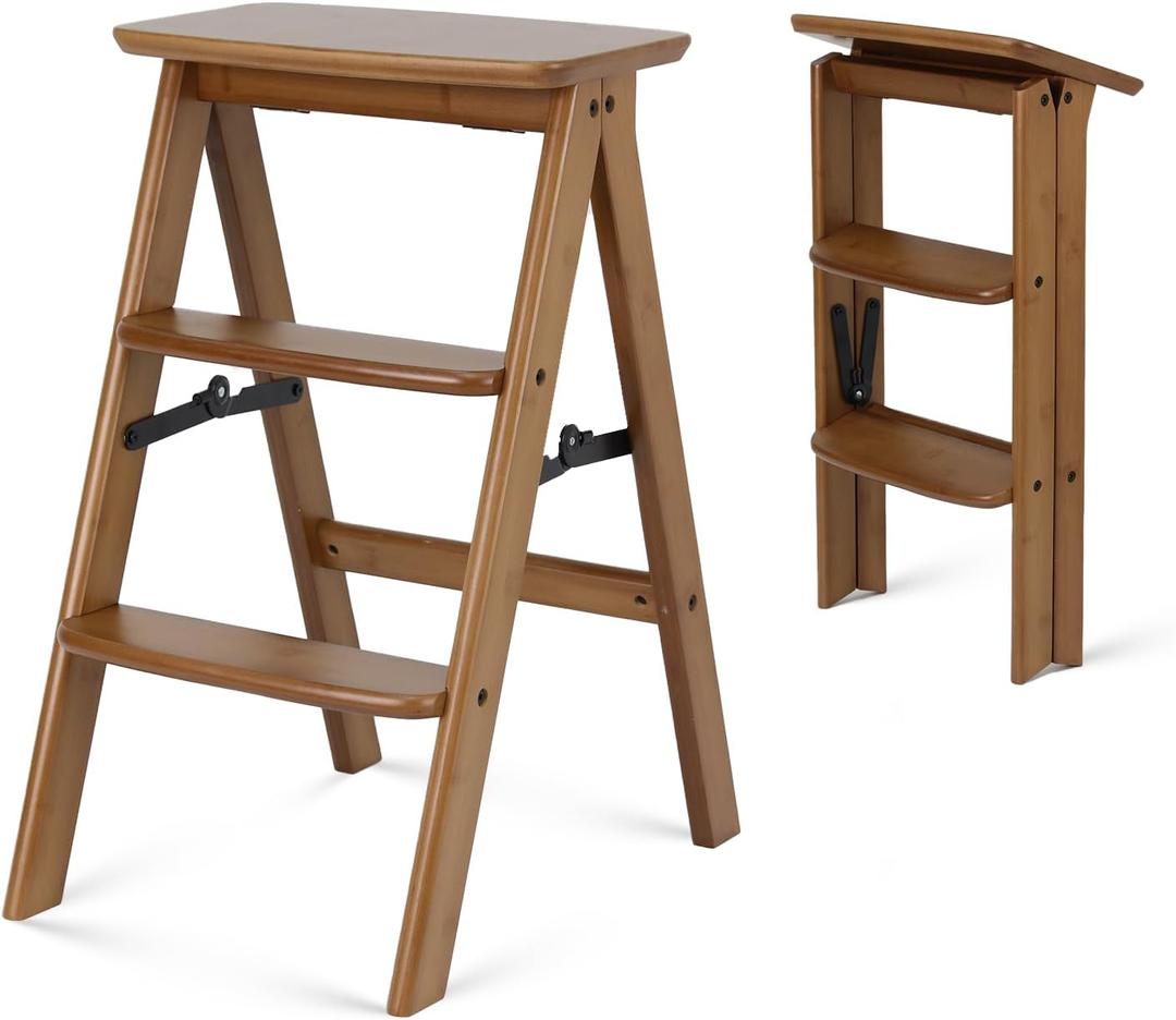 Kate 3-Step Foldable Wooden Step Ladder, 300 lb Capacity Solid Wood Step Stool for Photography Studio, Portrait Shooting, Home Kitchen & Living Room