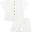 POBIDOBY Linen Baby Clothes for Summer Vacation & Beach Hiking, Linen Short with Cotton Linen Top for Girls & Boys (WHITE, 5-6Y)