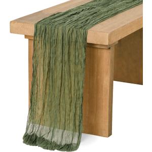 Ling's Moment 10Ft x 35" Wide Moss Green Gauze Semi-Sheer Table Runner Cheesecloth Tablecloth for Wedding Party Bridal Shower Boho Table Decor