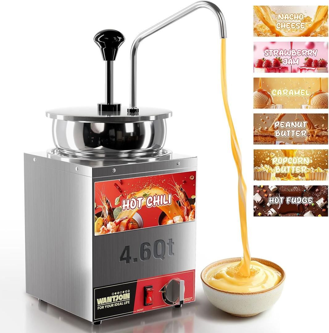 WantJoin Nacho Cheese Dispenser with Pump - 4.6QT Commercial Cheese Warmer, Stainless Steel Hot Fudge & Caramel Warmer with 86-185F Temperature Control