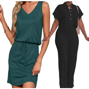 HBQ Women's Black Summer 2 Piece Medium Outfits Casual Tracksuit Short Sleeve Button Down Crop Top Wide Leg Long Pant Lounge Sets and  AUSELILY Womens Summer Small Green Sleeveless Drawstring Waist Beach Cover up Mini Short Swing Dresses with Pockets