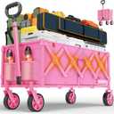 35" L Extra Long Wagons Carts Foldable, 360 LBS Heavy Duty Collapsible Wagon with Wheels, Folding Wagon Portable Utility Cart for Groceries, Shopping, Camping, Sports (Pink)