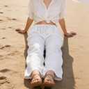 CHARTOU Women's Summer Drawstring Waist Wide Leg Loose Cotton Linen Palazzo Pants (White, S)
