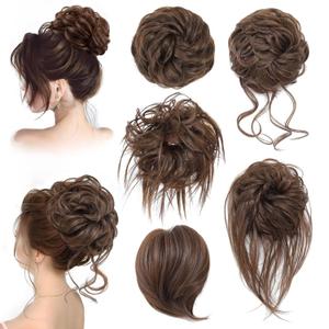 Messy Hair Bun Hair Piece for Women Short Bun Tousled Synthetic Elastic Scrunchies Hairpiece for Women Girls (1-5pcs, 8#-Medium Chestnut Brown)