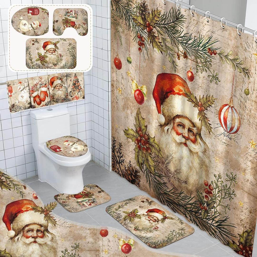 8 Pcs Christmas Shower Curtain Set Xmas Santa Bathroom Decoration Christmas Tree Hand Towels Snowman Toilet Lid Cover Bathroom Rugs Xmas Shower Curtain with Hooks(Santa Claus Style)