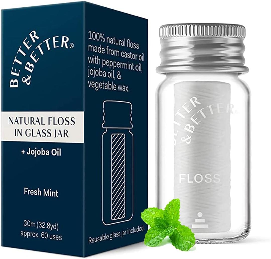 Better & Better Natural Floss in Refillable Glass Jar | Waxed & Zero Plastic Oral Care - 100% Plant-Based, Vegan, Eco and Non Toxic Dental Floss, 1 Spool (98.4 Foot (Pack of 1))