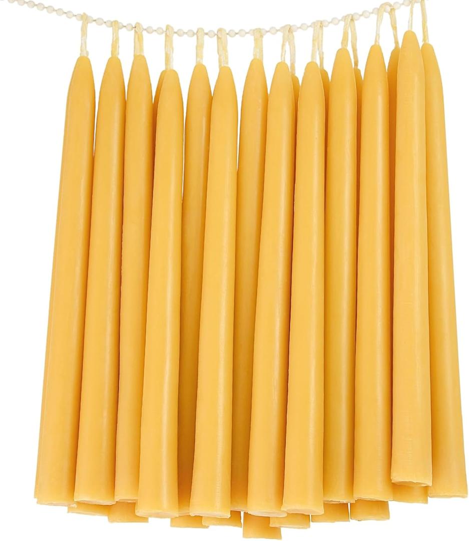 24 Pack Natural Beeswax Taper Candles in Bulk 10 inch Tall - Dripless Candle 100% Pure Unscented Beeswax, 8 Hours Long Burning Time -Yellow
