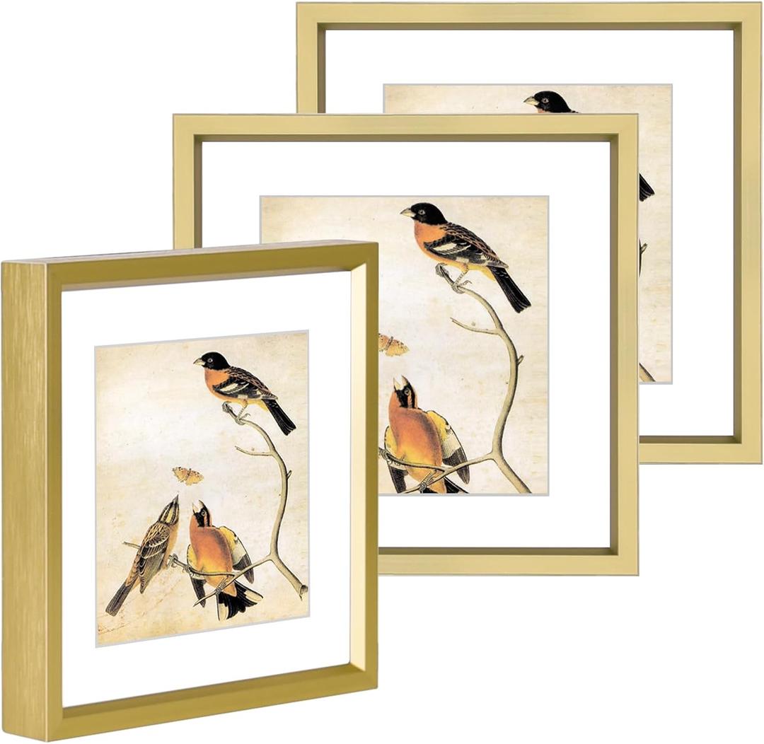 BKABOT 5x5 Picture Frame, Brass Metal Photo Frames with HD Glass, Fits 4x4 with Mat or 5 x 5 without Mat, Display for Wall and Table, 3 Pack
