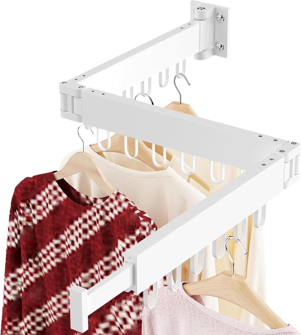 JAUREE Clothes Drying Rack Wall Mounted, Space-Saving Drying Rack Clothing, Collapsible Foldable Retractable Laundry Rack with 18 Hooks, Indoor/Outdoor, White
