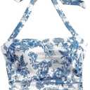  WDIRARA Women's Floral Print Halter Top Ruched Tie Backless Sleeveless Boho Crop Tops (Blue and White), Small