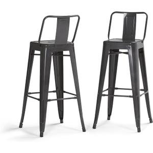 SIMPLIHOME Rayne Bar Stools (Set of 2) - 30 inch Seat Height Industrial Metal Chairs in Grey, Contemporary Seating for Kitchen or Bar with Curved Back, Under-Seat Cross Brace, and Footrest