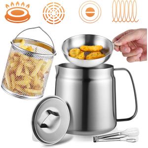 68oz Stainless Steel Oil Filter Pot, Multifunctional 2 in 1 Oil Strainer Pot for Camping, Large Capacity Bacon Grease Saver with Strainer, Kitchen Cooking Oil Container, Mini Deep Fryer with Basket