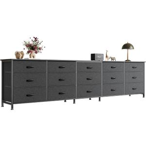 Huuger 86.6 Inch Dresser for Bedroom, TV Stand for 65, 75, 85 Inch TV, 15 Fabric Drawer Long Dresser, Large Entertainment Center for Bedroom, Wide Chest of Drawer with Storage, Black, 11.8"D x 86.6"W x 26.8"H