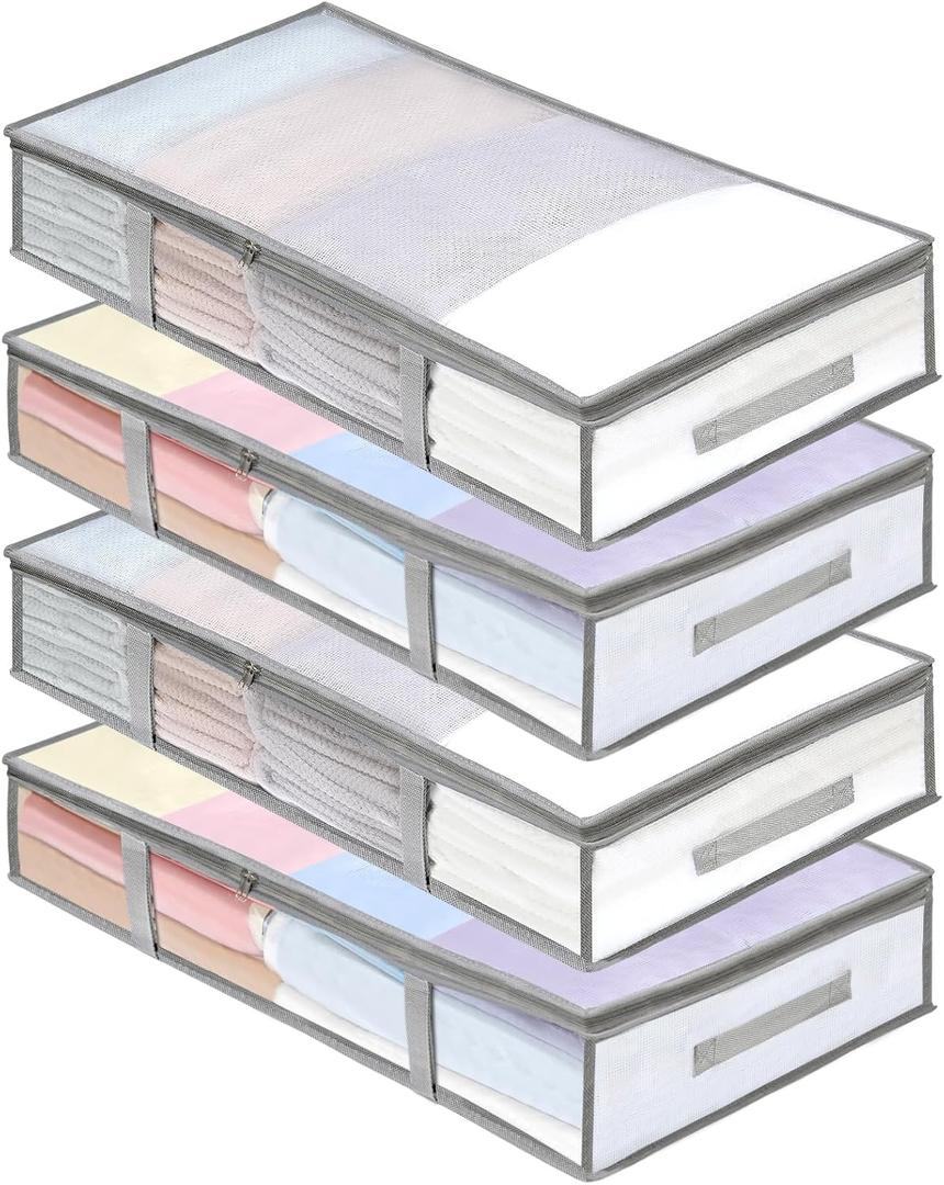 4 Packs Under Bed Storage Containers Bins, Humid-Proof Plastic Underbed Storage Bins, Closet Organizers and Clothes Storage Bags, Under the Bed Blanket Storage with Handles for Clothes, Bedroom