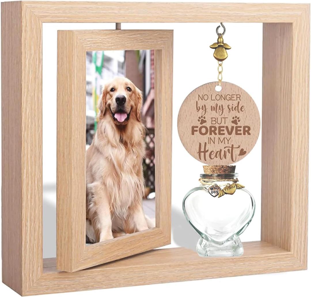360 Rotating Pet Memorial Frame with Keepsake Jar  Double-Sided 4x6 Photo Display for Pet Loss  Perfect Remembrance Gift for Dog and Cat Owners