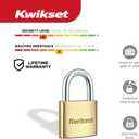 Kwikset Brass Padlock with Hardened Steel Shackle, Indoor Outdoor Cabinet and Storage Lock, 1-9/16 in Body, 7/8 in Shackle, 2 Pack Keyed Alike, Brass