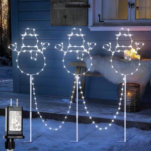 woohaha Christmas Snowman Pathway Lights,200 LED Plug in Garden Outdoor DecorationsWaterproof String Lights with 3 Snowman Stakes Light for Garden Walkway Yard Driveway Lawn Party Decor (White)