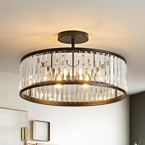 19.7" Modern Crystal Chandeliers Semi Flush Mount Ceiling Light, Black Round Crystal Chandelier Ceiling Lights Fixture for Hallway Bedroom Living Room E12*6