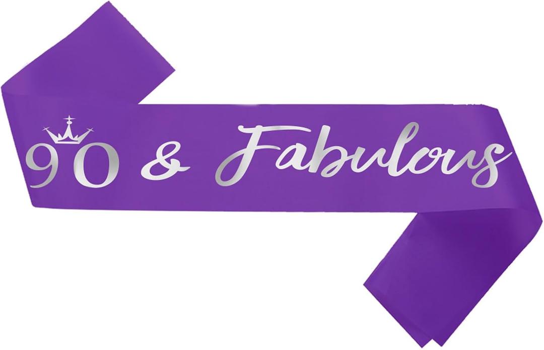 90 Fabulous Sash, 90th Birthday Sash, Purple Satin Sash with Silver Foil Letter Happy 90th Birthday Accessories Decorations Party Favor,Purple Silver