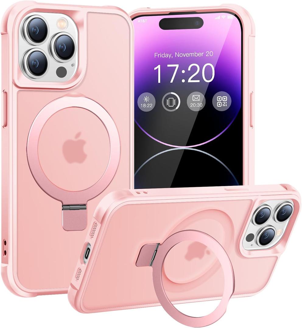 Magnetic Ring Stand Case for iPhone 14 Pro Max - 120° rotatable Stand, N52 Magnet, Non-Slip, Matt Transparent Back, Easy to Clean, Shockproof, Military Standard Drop Protection (Pink)