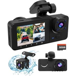 Dash Camera for Cars, 4K Car Camera, Dash Cam Front and Rear, Triple Car Camera, Built-in 32GB Card, G-Sensor, Motion Detection, Night Vision, WDR, Loop Recording