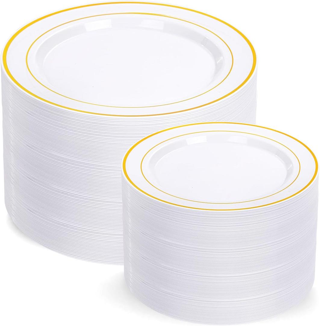 I00000 200 Pcs Gold Plastic Plates - Disposable Party Plates Include 100 Dinner Plate and 100 Elegant Dessert Plate Perfect for Party, Holiday, Wedding & Birthday