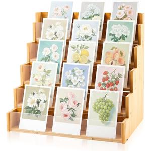 5 Tier Greeting Card Display Stand Wood Color Bamboo and Acrylic Sticker Display Stand Trading Card Holder Retail Photos Shelf for Vendors Craft Collection & Show