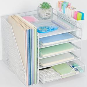 Desk Organizer, 5-Tier Paper Letter Tray Organizer with File Holder, Drawer and Pen Holder, Desktop Organizer for Office Supplies, White